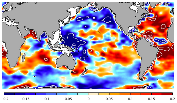 The salinity of seawater near the ocean’s surface has changed measurably from 1950 to 2000. Red indicates regions of the sea that have become saltier. Blue shows those regions where water is now less salty. The cause, suggested by research with computer models and measurements of the oceans, is intensification of the global water cycle—one manifestation of climate change. The unit is salinity change over a 50-year period as measured with the Practical Salinity Scale 1978.