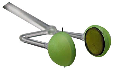 (left) This target used in collisionless shock experiments conducted at NIF under the Discovery Science Program consists of two nickel- and iron-doped plastic foil discs  10 millimeters apart. The green plastic caps are light shields. Laser beams striking the discs create plasmas that interpenetrate at high velocity, thereby generating on a small scale the collisionless shocks that are believed to govern many large-scale astrophysical phenomena.  
