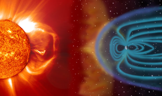 Earth is surrounded by a magnetosphere (blue), which is generated by the planet’s molten outer core acting as a dynamo. The magnetosphere protects the planet from the Sun’s solar wind (white to light yellow lines) and magnetic storms (yellow cloud). When the solar wind collides with the magnetosphere, a bow shock (purple) forms. The shock is collisionless, forming not from the collision of particles but from collective instabilities of the interpenetrating plasmas. (Image courtesy of NASA.)  