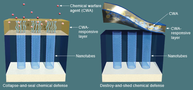 Illustrations show two possible approaches for a responsive surface layer that could be applied over the CNT material to provide protection against smaller chemical-agent molecules. (left) Embedded “sensors” (threadlike structures) identify a chemical threat, upon which they collapse to close the CNT pores and blocks passage of the agent. (right) A sensor material detects and destroys a chemical agent, upon which the entire exposed section of the surface layer sloughs off.   