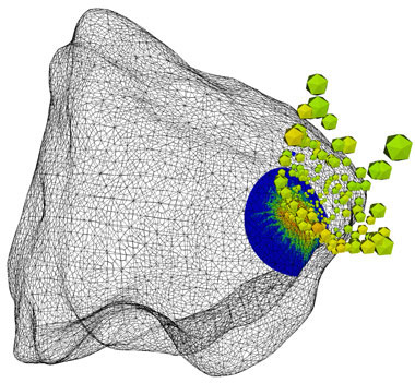 Laboratory researchers are using Spheral, an adaptive smoothed particle hydrodynamics code, to model the asteroid Golevka as it is impacted by a 10,000-kilogram mass traveling at 10 kilometers per second. Ejected pieces breaking away from the asteroid add to the total momentum imparted to the body, helping further nudge it away from its Earthbound course.    