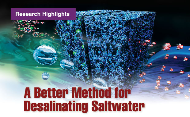 Article title: A Better Method for Desalinating Saltwater; image is a rendering of flow-through electrode capacitive desalination.