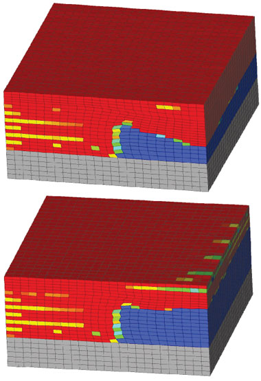 Livermore researchers have used Diablo part-scale modeling to understand and correct the formation of uneven surfaces in overhang regions. (top) When the laser sweep proceeds at a uniform speed and power, it tends to produce excessive melting and consolidation (red) beneath the intended overhang, causing previously unprocessed powder (blue) to fuse and form a rough downward-facing surface. (bottom) By modulating the power, the simulations suggest this problem can be mitigated and a more even surface produced.