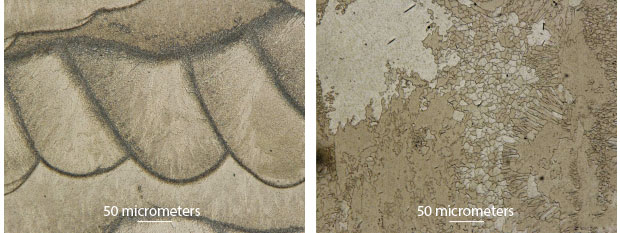 Characterization has revealed that with common postprocessing methods such as heat treatment, AM metal samples can achieve similar microstructures to those of conventionally manufactured metals. Optical micrographs created by Amanda Wu depict (top) an additively manufactured uranium–niobium sample without postprocessing and (bottom) a sample that has been radically transformed through solution annealing. The transformed microstructure resembles that of samples produced by other methods.