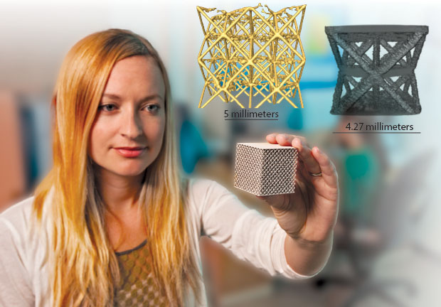 (below left) Materials scientist Holly Barth holds an additively manufactured metal lattice structure. A combination of modeling and synchrotron radiation microtomography experiments helped identify and correct some initial printing problems compromising structural integrity. (below center) This tomographic three-dimensional (3D) rendering of a stainless-steel lattice structure shows higher-than-desired porosity and disconnected struts, while (below right) the other tomographic 3D rendering shows a titanium alloy lattice structure with acceptable density and strut connectivity. (Photo by George Kitrinos.)