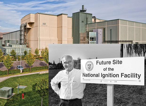 top) The completed facility is a cornerstone of the Stockpile Stewardship Program. (bottom) Vic Reis, then Department of Energy Assistant Secretary for Defense Programs, visits the proposed construction site in 1996 for the National Ignition Facility.  