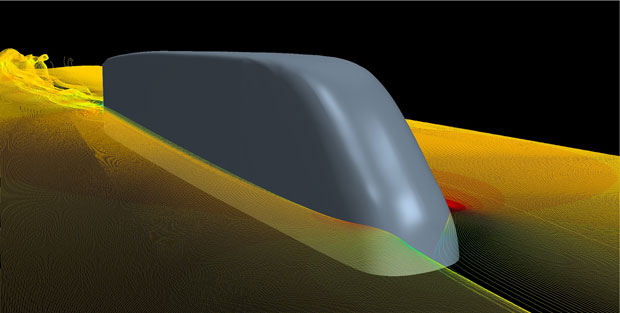 A simulation of the Generic Speedform One model shows flow patterns around the vehicle with particle traces colored by velocity magnitude.