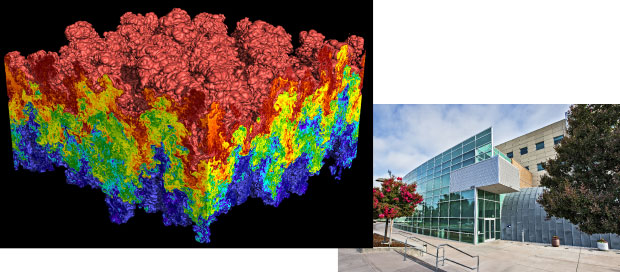 Researchers used the Laboratory’s BlueGene/L supercomputer to create (left) a high-resolution simulation of turbulent thermonuclear burning in a Type 1a supernova. (right) The Livermore Computing Complex houses most of the Laboratory’s supercomputers.