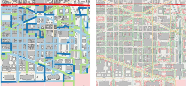 The Optimization Planning Tool for Urban Search (OPTUS) helps search teams sweep a selected urban area more efficiently in a limited amount of time. (left) OPTUS-optimized driving routes indicate the areas that will be passed one (green), two (light blue), or three (dark blue) times. (right) When a search is complete, OPTUS provides an estimate of the search effectiveness. In this hypothetical example, green areas are considered cleared while red areas are not.  