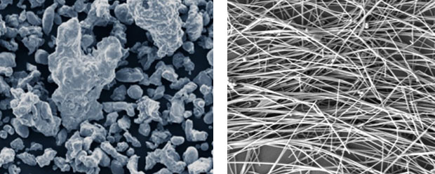 Material “recipes” included in scientific literature describe how researchers develop a new material in a laboratory. (left) A commercial copper powder compared with (right) copper nanowires produced at Livermore show how recipes yield different results. Livermore’s structured knowledge base will allow researchers to more quickly identify the common synthesis parameters needed to develop a material with desired properties.