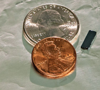 The tiny SERS sensor has many potential uses, including portable detectors for military and law-enforcement applications. (Photograph by George A. Kitrinos)