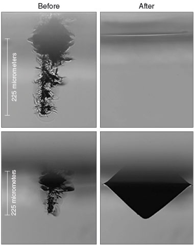 Livermore researchers have developed various methods of repairing flaws in fused-silica optics for high-power lasers. For example, (top) intense laser light is used to “heal” a damaged region through annealing and (bottom) to shape the damage into a well-defined, cone-shaped pit that will not interfere with laser experiments. 