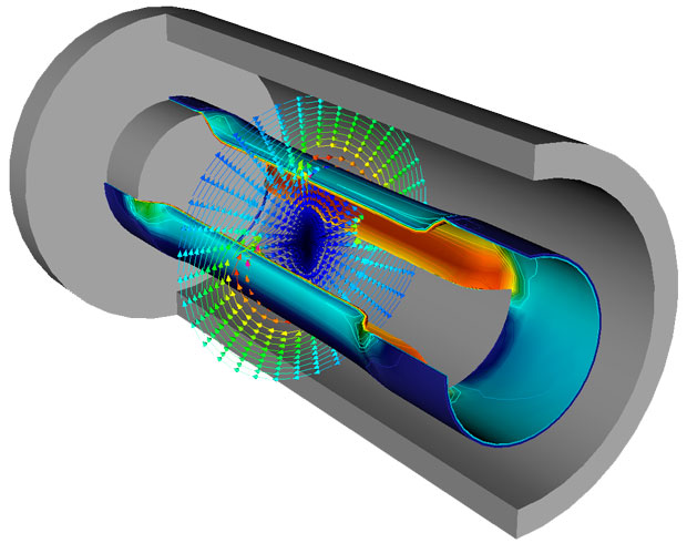 The ALE3D simulation shown depicts powerful magnetic fields generated by a large pulse of electrical current running through an outer conductor. The magnetic fields crush a thin-walled metal cylinder located inside the larger conductor. The inner cylinder is slotted to break the axial symmetry, making this a fully 3D problem. 