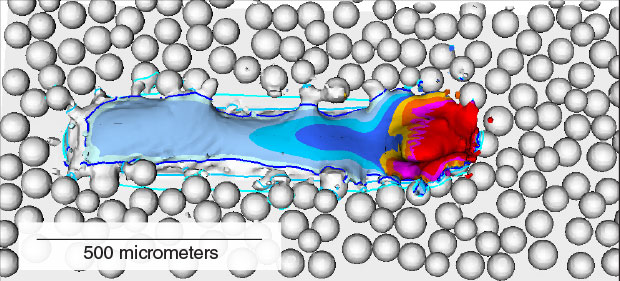 A newly developed commercial version of ALE3D called ALE3D-4I (“ALE3D for Industry”) enables simulations relevant to U.S. industry. In the case of laser-based additive manufacturing, the simulations precisely predict the characteristics of a metal powder melted by a laser. This simulation depicts heat from the laser moving from left to right, melting and fusing the powder particles. The colors represent different temperatures, with blue being the coldest and red the hottest. The great amount of detail revealed by the simulation even includes spattering (red dots).  