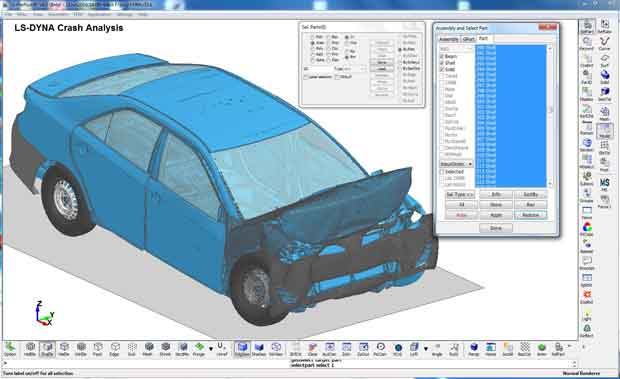 LS-DYNA models mechanical failure. The code has been used in the automotive industry to save billions of dollars and has greatly improved safety. A car’s behavior is simulated with a mesh of computational calculations, as seen in the compacted front end of the car shown. The car is covered with over 1.5 million points, each a separate calculation. (Image courtesy of Livermore Software Technology Corporation.)