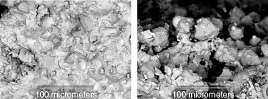Two micrographs of a composite material before and after compression tests.