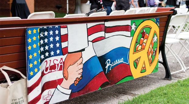 Photo of a mural at Livermorium Plaza in downtown Livermore, California, that commemorates the U.S.–Russian collaboration that led to the discovery of six heavy elements.