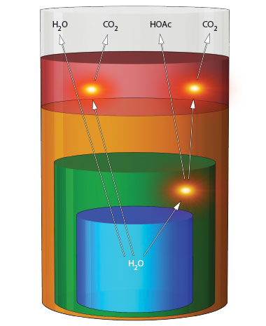 Livermore’s reactive transport model predicts material incompatibilities and material outgassing in sealed assemblies, such as a nuclear weapon. In validation experiments, materials are layered in a sealed vessel and aged. Moisture (H2O) in the base layer diffuses through the assembly, reacting with other materials to produce gaseous products such as carbon dioxide (CO2) and acetic acid (HOAc). (Rendering by Kwei-Yu Chu.) 