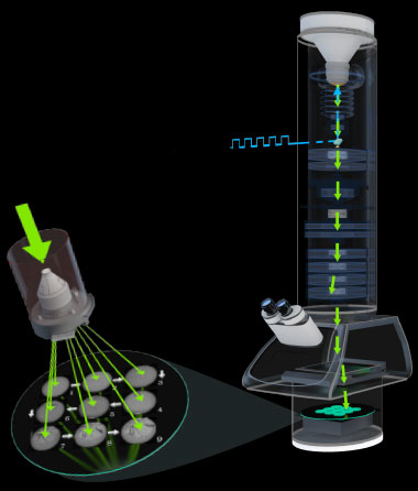 The dynamic transmission electron microscope (DTEM) captures images in 15 nanoseconds, a million times faster than the typical 30-millisecond exposure time required by a conventional TEM. A cathode laser (blue) generates a series of nanosecond to microsecond electron pulse trains (green arrows). A specimen laser (not shown) strikes the sample to initiate the process to be captured. A high-speed deflector (enlarged below) shifts images on the charge-coupled device camera, allowing multiple images to be captured in rapid succession. (Rendering by Ryan Chen.)
