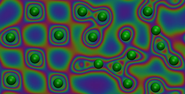Advanced sampling algorithms developed for use with the Qbox quantum simulation code look for rare reactions of interest to researchers. A simulation depicts germanium transitioning suddenly from an ordered crystalline solid to a disordered liquid in response to heat. Green represents germanium atoms. Red and blue represent a high probability and zero probability of electrons, respectively.