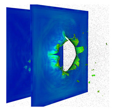 ParaDyn simulates the deformation and failure of solid structures under impact, such as the hypervelocity impact through two plates shown here. The ParaDyn team is presently exploring how to maintain the strong performance that the application achieves on CPUs while optimizing some aspects for Sierra’s GPUs. 