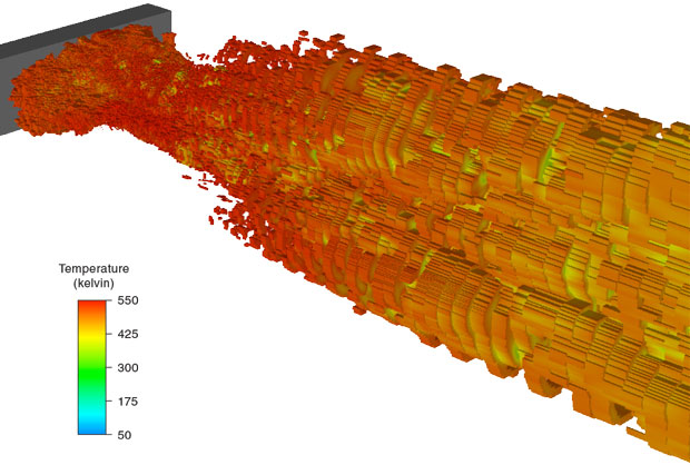 Simulation results show the temperature profile of oxidizer (liquid oxygen) injected from an aerospike engine vane 260 microseconds following the start of its release into the combustion chamber. 