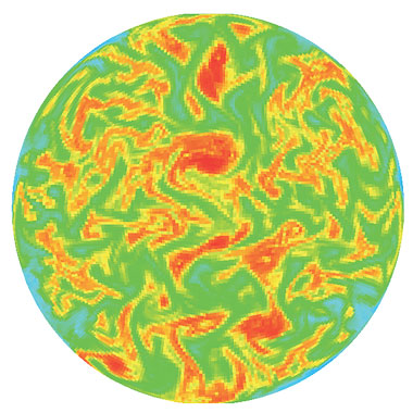 Using CharlesX software and a 9-million-cell mesh, researchers analyzed temperature fields within an aerospike thrust-cell combustion chamber. This cross section of the chamber shows real-time combustion details on a submicrosecond timescale as well as the location of flame fronts (shown in orange).