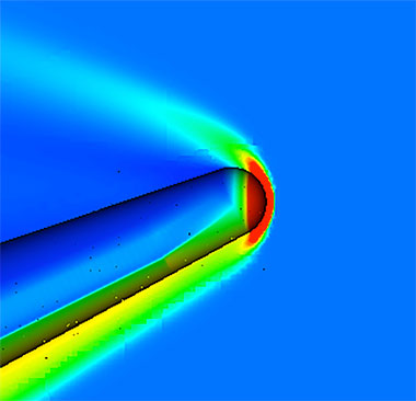 Livermore simulations have shown the temperature distribution on the nose of a hypersonic vehicle, such as the XS-1, as it re-enters the atmosphere. Colors denote relative temperatures.