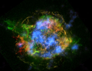 Lawrence Livermore has a long history of developing advanced x-ray optics for viewing portions of the electromagnetic spectrum typically invisible to the human eye. Such optics are part of NASA’s Nuclear Spectroscopic Telescope Array (NuSTAR), which images hard x rays ranging in energies from 3 to 79 kiloelectronvolts (keV). This image of the supernova remnant Cassiopeia A shows high-energy x-ray data (blue) captured by NuSTAR. Lower energy x rays previously recorded from the Chandra X-ray Observatory are shown in red, yellow, and green.