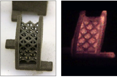 Livermore researchers are designing, building, and testing 3D reactive structures, including both thermite and intermetallic formulations. An example skin-lattice design, produced by engineer Robert Reeves, is shown (left) before and (right) during a reaction. Ongoing work is examining the trade-off between material reactivity and strength and investigating how materials such as this can be used as structural components in energetic systems. 
