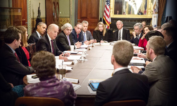 Vice President Joe Biden holds the first meeting of the Cancer Moonshot Task Force as part of the federal initiative to double the rate of progress in the understanding, prevention, diagnosis, and treatment of cancer. The large-scale effort involves hundreds of researchers, oncologists, and care providers. (Photo courtesy of Pete Souza, White House.)  