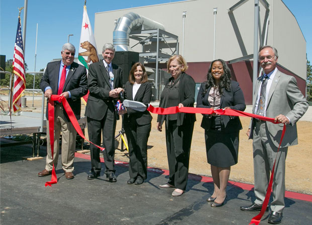 Officials from DOE’s National Nuclear Security Administration (NNSA) and government representatives dedicate a new supercomputing facility at Lawrence Livermore. (from left) Michael Macial, mayor of Tracy, California; Charles Verdon, Lawrence Livermore’s principal associate director for Weapons and Complex Integration; Kathleen Alexander, NNSA administrator; Pat Falcone, Lawrence Livermore’s deputy director for Science and Technology; Nicole Nelson-Jean, NNSA Livermore Field Office manager; and John Marchand, mayor of Livermore, California. (Photo by Julie Russell.)