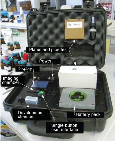 All of the components required to detect and identify unknown materials are contained in the microTLC™ kit. The small size and ruggedness of the kit permits easy field use as well as rapid identification. In the developing chamber, the spotted plates are mixed with solvent, separating the unknowns. In the imaging chamber, the developed plates are read, and results appear in the display window. The battery pack powers a fan to dry the developed plates and an ultraviolet lamp for reading them. 