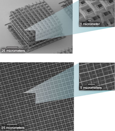 Using interdigitated stitching, foam blocks are interwoven to produce a stronger, more homogenous structure. Scanning electron microscopy images show the individual foam blocks within a “log pile” architecture (top) and the seams of multiple interdigitated blocks within the stack (bottom).