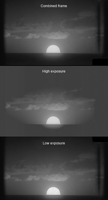 Each reel passes through the scanner twice to improve image fidelity. (bottom) The low-exposure range provides higher fidelity shadows outside the fireball, but the fireball itself appears grainy. (middle) The high-exposure range provides more nuanced highlights yet lacks depth in darker tones. (top) The combined frame contains this 1956 test’s full optical range. 