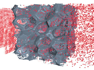A computational fluid dynamics simulation illustrates the complex blood flow patterns that arise within and around the closed design for shape-memory-polymer (SMP) foam. 