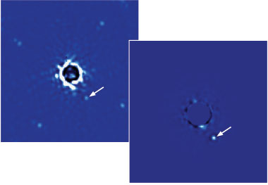 (left) During its first observations, GPI captured this image within 60 seconds. It shows a planet orbiting the star Beta Pictoris, which is 63 light-years from Earth. (right) A series of 30 images was later combined to enhance the signal-to-noise ratio and remove spectral artifacts. The four spots equidistant from the star are fiducials, or reference points. (Image processing by Christian Marois, NRC Canada.)