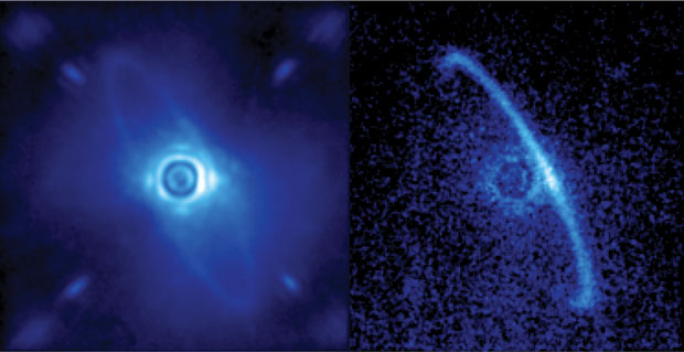 GPI also records data using polarization differential imaging to more clearly capture scattered light. Images of the young star HR4796A revealed a narrow ring around the star, which could be dust from asteroids or comets left behind by planet formation. The left image shows normal light scattered by Earth’s turbulent atmosphere, including both the dust ring and the residual light from the central star. The right image shows only polarized light taken with GPI. (Image processing by Marshall Perrin, Space Telescope Science Institute.)