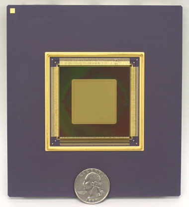 A 2.56-centimeter-square deformable mirror called a tweeter is used for fine-scale correction of the atmosphere. This microelectromechanical systems– (MEMS-) based device has 4,096 actuators and is made of etched silicon, similar to the material used for microchips. (Courtesy of Boston Micromachines.)