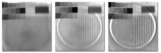Radiographs show Rayleigh–Taylor ripple growth in tantalum subjected to laser beams at three different delay times.