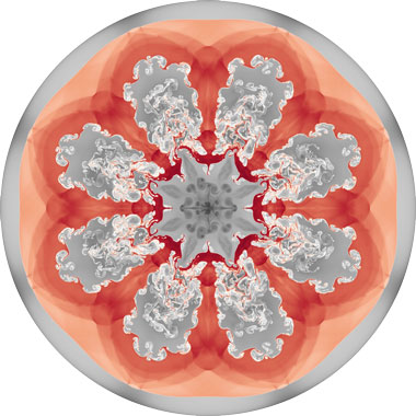 The BLAST code accurately simulates the interactions between multiple materials in a high-order Arbitrary Lagrangian–Eulerian (ALE) hydrodynamics calculation. Shown here is the image of this simulation, which was recently featured as part of an “Art of Science” exhibit at the City of Livermore’s public library.