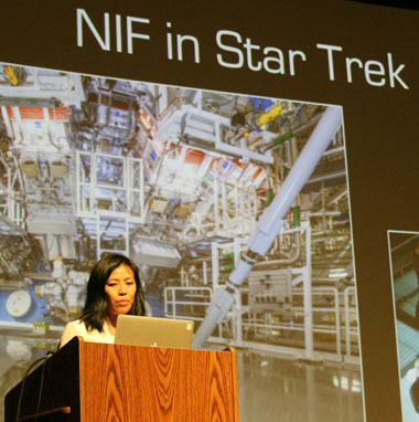 During a Science on Saturday lecture, Livermore scientist Tammy Ma describes the concept of fusion and the National Ignition Facility’s role in national energy security. (Photograph by Joanna Albala.) 