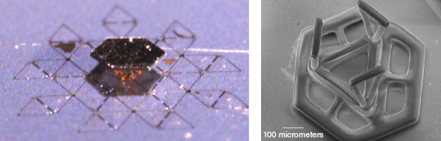 Livermore’s design for a micromirror array comprises upwards of 10,000 hexagonal-element arrays, each measuring 1 millimeter square. The images show (left) a single fabricated mirror and (right) three microflextures printed on the underside of a micromirror, awaiting attachment to a paddle. 