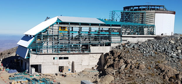 Construction of LSST is well under way on the 2,682-meter El Peñón peak in the Andes Mountains of Chile, as shown in this photograph taken in May 2017. (Photograph courtesy of LSST Corporation.)