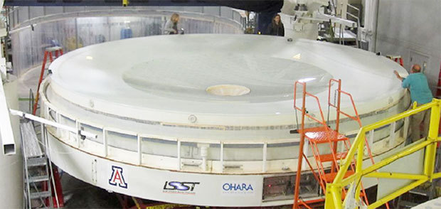 The photograph shows one of LSST’s many design innovations—an integrated mirror monolith with a dual optical surface combining the primary and tertiary mirrors. (Photograph courtesy of LSST Corporation.) 
