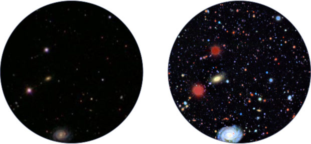 The dramatic improvement in stargazing capabilities that LSST will enable is seen in this side-by-side comparison of the same sector of space revealed by (left) the recent Sloan Digital Sky Survey and (right) in a simulated LSST photograph. (Images courtesy of LSST Corporation.) 